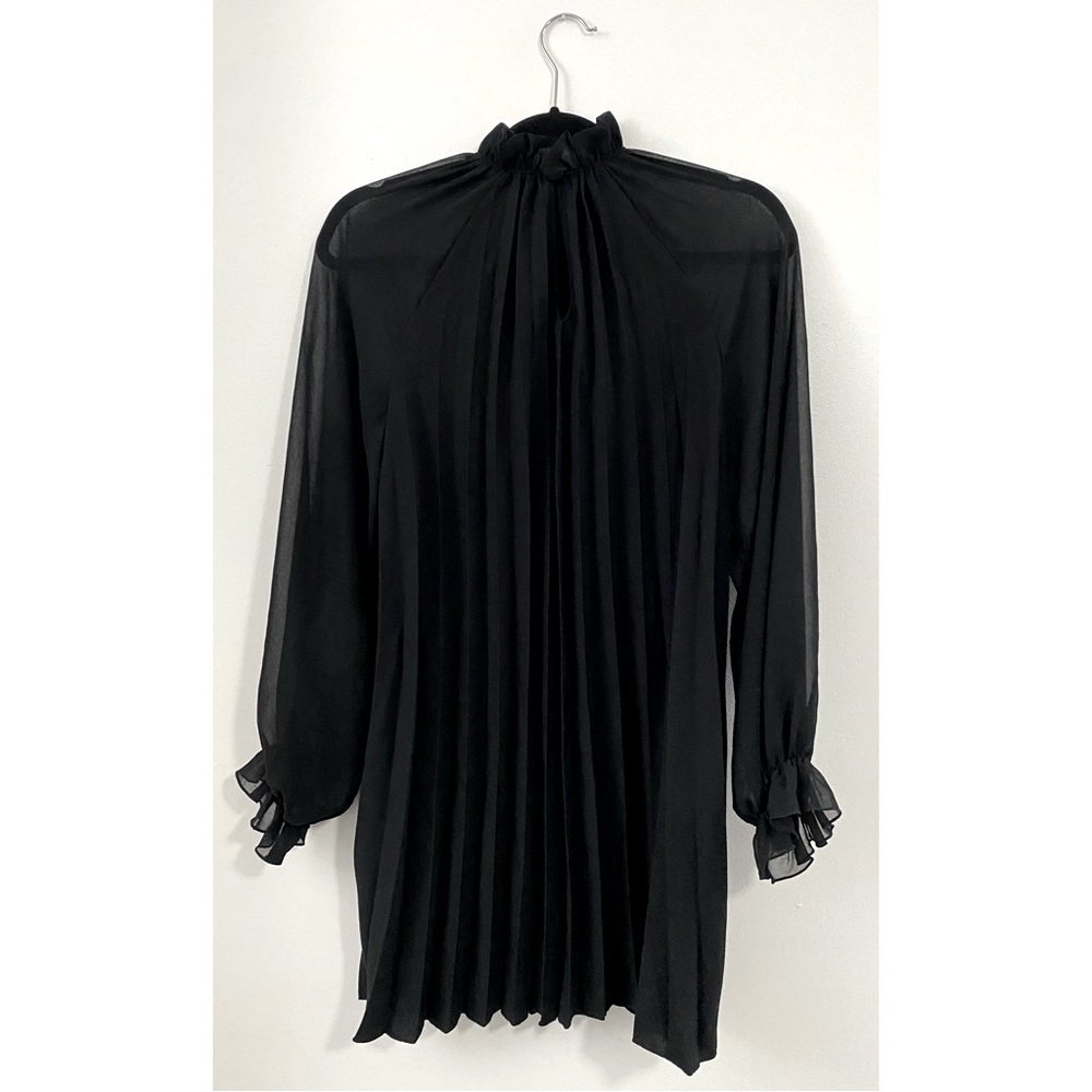 NWT Zara Black Pleated Long Sleeve Dress Size XS LBD - Picture 2 of 6